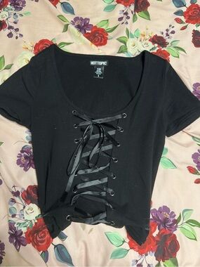 Hot Topic Black Lace-Up Scoop Neck Short Sleeve Top